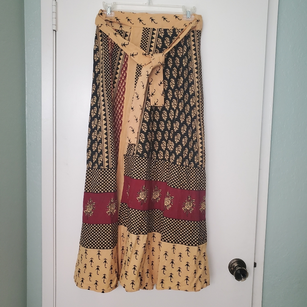 Made In India Boho Festival Stylized Print Wrap Around Maxi Skirt 100% Cotton